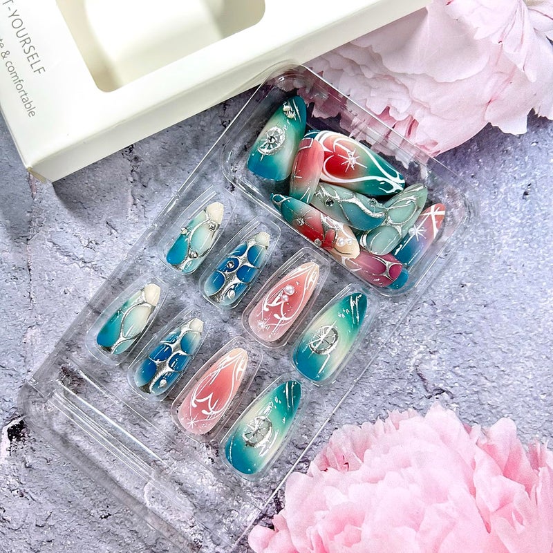 CJDLTS Medium Almond Shaped Gradient Blush 3D Silver Star Irregular Lines with Pearl Stick on Nails Full Cover Reusable Coffin Press on Nails Artificial Acrylic Fingernails for Women Manicure 24Pcs - Image 4